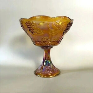 Vintage Amber Indiana Carnival Glass Iridescent Fruit Embellished Bowl